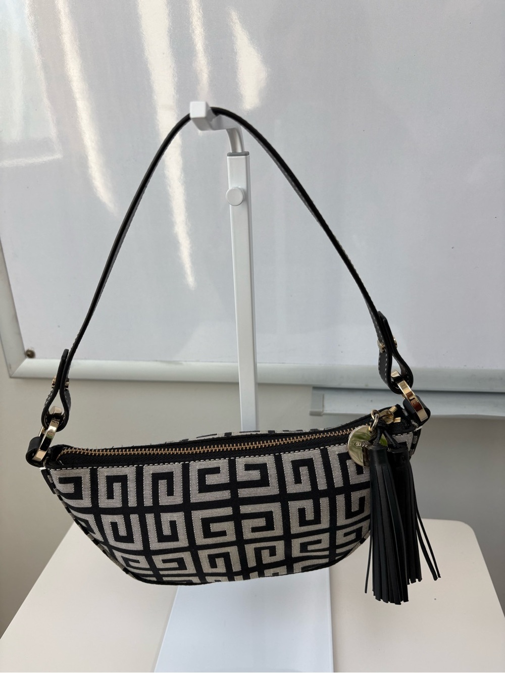 Givenchy Monogram Baguette Black and Cream Geometric Pattern Shoulder Bag